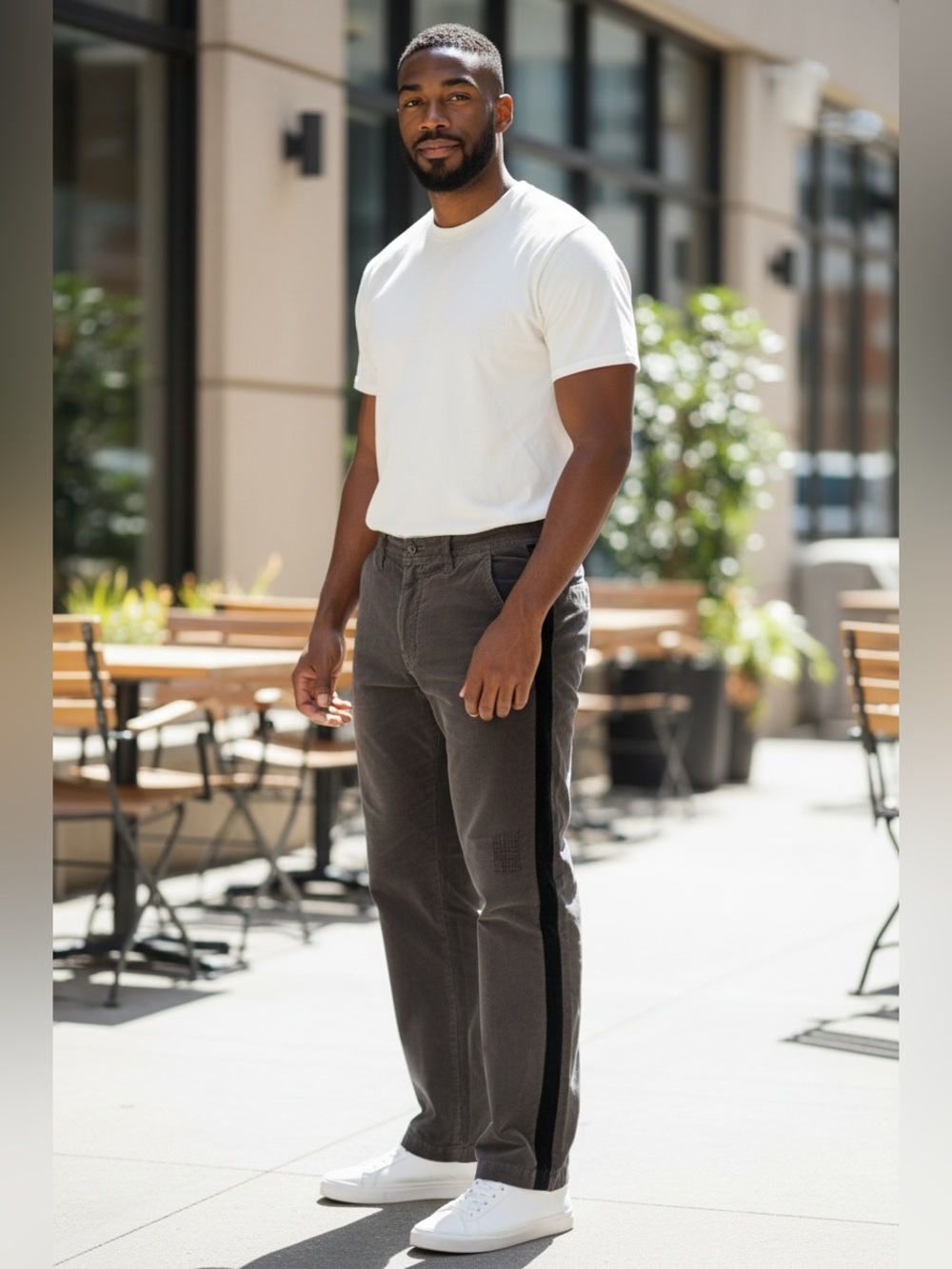 Men's Dark Brown / gray Corduroy Pants Black Side Stripe deconstructed style .